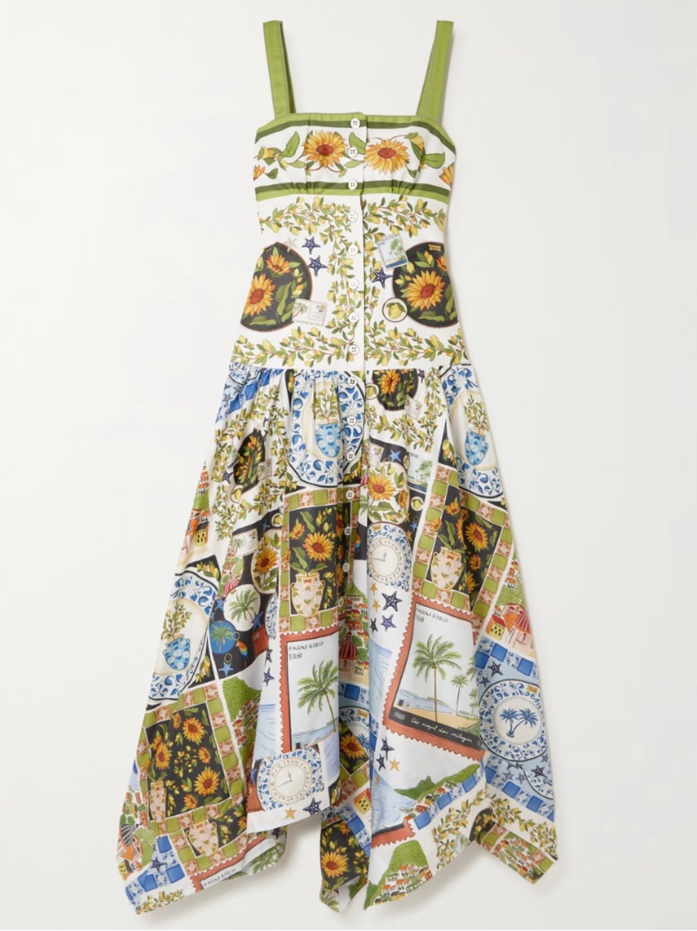 NWT - FARM Rio Multicolour Scarf Print Asymmetrical Midi Dress